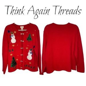 Vintage 80s 90s Crystal-Kole Snowman Cardigan Christmas Sweater Red Size Medium